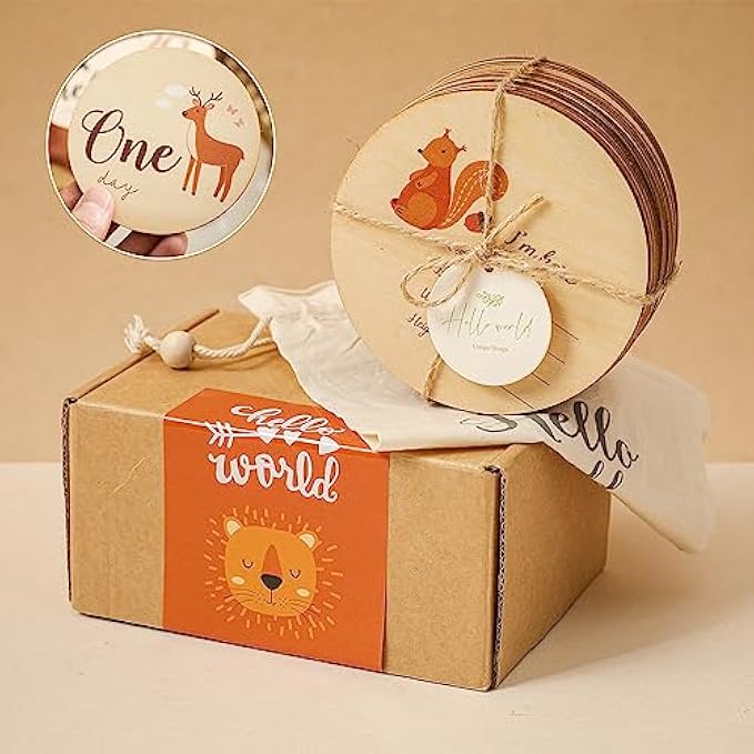 Wooden Monthly Animal Milestone Cards for Babies