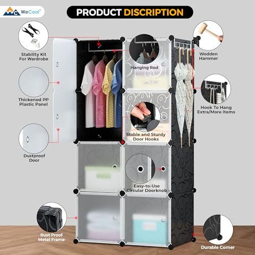 Image of CoolLeaf Soft Plastic Wardrobe for Clothes, Kids Almirah for Clothes - 8 Doors Collapsible Wardrobe for Kids Clothes /Toys /Books, Baby Cupboard for Clothes Storage in Bedroom Nursery, Black (CW-B8)