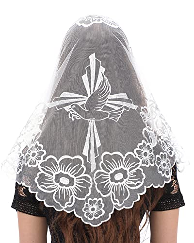 Bozidol Velo Triangular para Iglesia - Velo de Boda Bordado con Cruz y Camelia, Accesorios para Novias