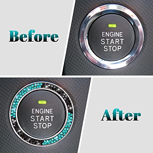 Image of ToBeQueen Teal Push Start Button Cover Emblem Sticker, Interior Crystal Diamond Rhinestone Blue Bling Car Starter Ring Decoration, Turquoise Bling Car Accessories for Women, Black and Lake Blue