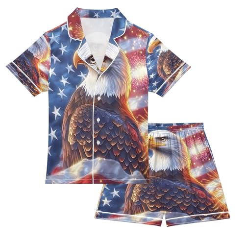 ALAZA Star Striped Bird American Flag Satin Pajamas Set Short Sleeve Button Down Sleepwear Summer Pjs 2 Piece