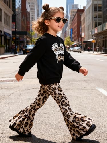 Image of KIDLAGA Toddler Girl Clothes Figure Graphic Drop Shoulder Top Pullover Leopard Print Flared Pants Fall Winter Outfit Set