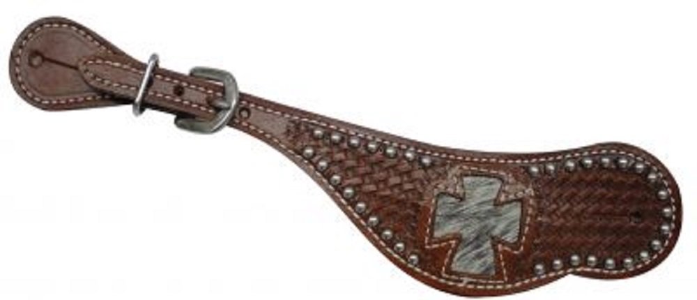Showman Ladies Spur Strap with Hair on Cowhide Inlay Cross Design Basket Stamping and Silver Beads (Dark Oil)