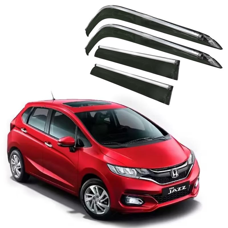 Image of CAR SAAZ Side Door Visors for Jazz (2009-2013)(Set of 4Pcs)|Chrome Lined Rain Guards, Polycarbonate, Smoke Finish