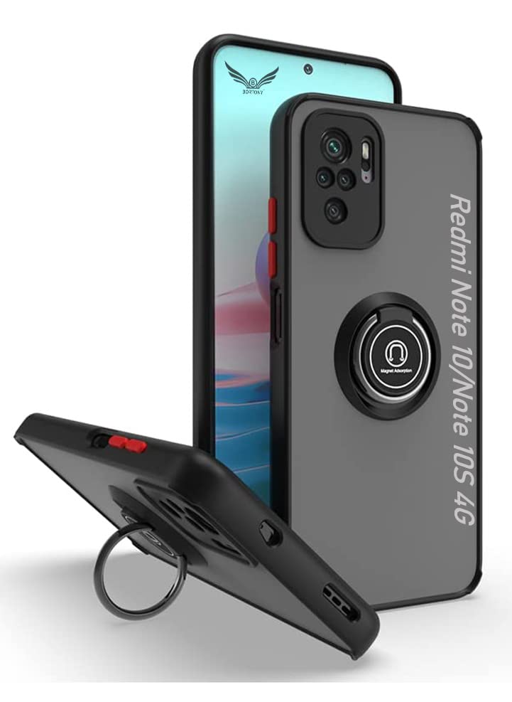 Case for Redmi Note 10/Redmi Note 10S 4G Shockproof with Ring Kickstand Anti-Scratch Frosted Translucent Anti-Fingerprint Protective Cover (Black/Grey)