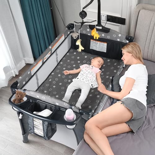 Image of BIUSIKAN Bedside Bassinet for Baby, Baby Crib with Mosquito Net, Mattress, Diaper Changer, Baby Playpen for Newborn to Toddles, Portable Crib for Baby, Pack and Play with Bassinet, 5 in 1 Bedside Crib
