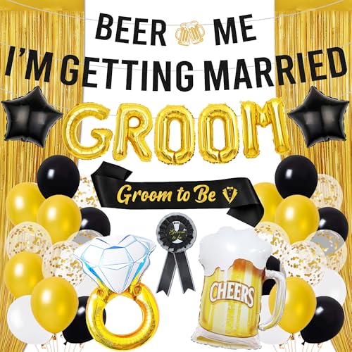 Décoration enterrement de vie de garçon pour fêter un mariage avec ballons fun et rideau
