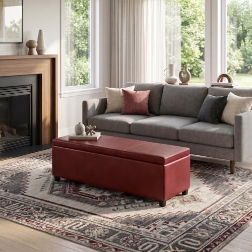 Image of SIMPLIHOME Avalon 48 inch Wide Vegan Leather Storage Ottoman in Red