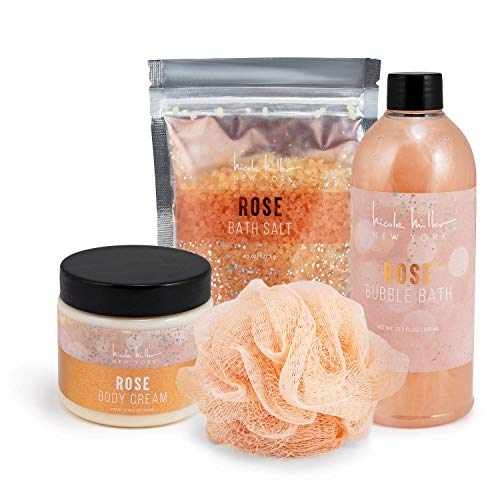 Nicole Miller Bath Gift Set for Women, Perfect Holiday Spa Gift Basket, Bubble Bath, Bath Salts, Body Cream and Pouf (Rose)