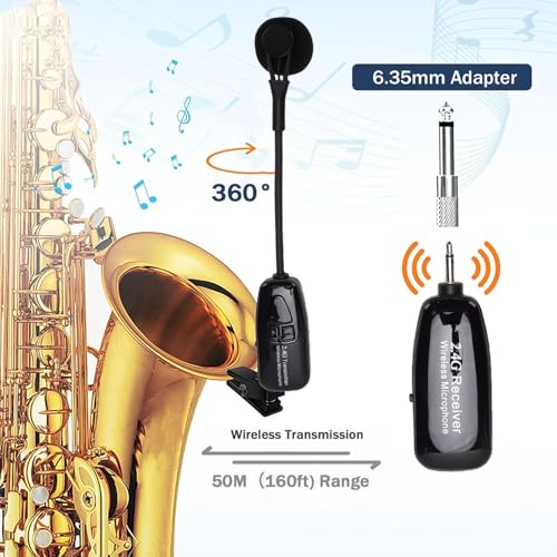 Sistema de micrófono inalámbrico LICAEVEY 2.4G para saxofón con captación direccional de 360 grados y clip transmisor receptor para trompeta, trombón, flauta y banda de escenario miniatura 2