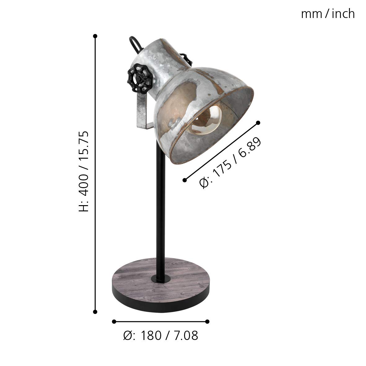EGLO Tischlampe Barnstaple 1 flammige Vintage | Tischleuchte im Industrial Design, Retro Nachttischlampe aus Stahl im Zink Used-Look, Holz, Rostoptik, schwarz, E27 Fassung