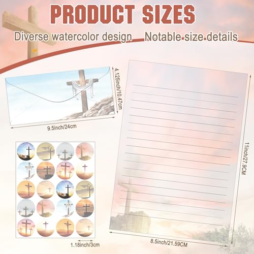 Image of TaoBary 160 Pcs Stationery Paper Set 50 Double Sided Stationery Papers with 50 Matching Envelopes and 60 Round Dot Sticker, 10 Design(Religious Letter with Cross,8.5 x 11 Inch)