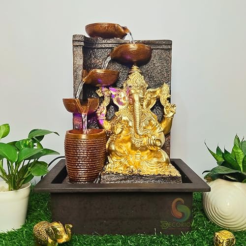 Image of Decorative Table Top Water Fountain for Home Decor /Office /Indoor & Outdoor /Garden /Puja Room /Vaastu with Multicolor LED Light and Adjustable Water Pump (Brown-D-032)