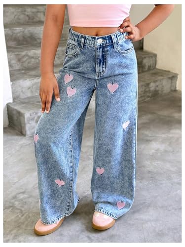 SHENHE Girl's Wide Leg Jeans High Waisted Heart Embroidered Casual Cute Loose Preppy Kid Denim Pants2