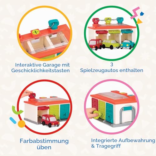 Battat – 3-Auto-Garage – Auto-Garage Spielset – Ursache-Wirkung-Spielzeug – Push & Go Autos – Farbcodiertes Sortierspielzeug – 2 Jahre +