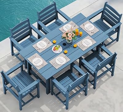 SERWALL 7-Piece Patio Dining Table Sets, Outdoor HDPE Dining Furniture Set with Umbrella Hole Cut-Out Table and 6 Chairs, Blue