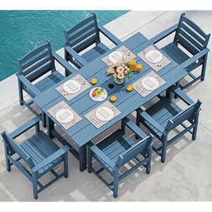 SERWALL 7-Piece Patio Dining Table Sets, Outdoor HDPE Dining Furniture Set with Umbrella Hole Cut-Out Table and 6 Chairs, Blue SERWALL 7 Piece Patio Dining Table Sets Outdoor HDPE Dining Furniture Set with Umbrella Hole Cut Out Table and 6 Chairs Blue