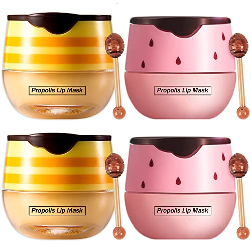 4PCS Bee Balm Lip Balm Honey Pot & Strawberry Sleeping Lip Mask, Propolis Moisturizing Honey Lip Mask Lip Balm, Hydrating & Prevention Dry and Cracked Lip Scrubs Exfoliator, Winter Lip Care Productsâ¦