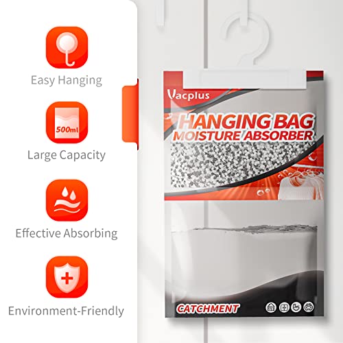 Image of Vacplus Moisture Absorber, 9.8 OZ Hanging, Strong Absorption, Charcoal | Closet, Enclosed Spaces, Bathroom, Odor Eliminator, Dehumidifier Bags, 10 Pack