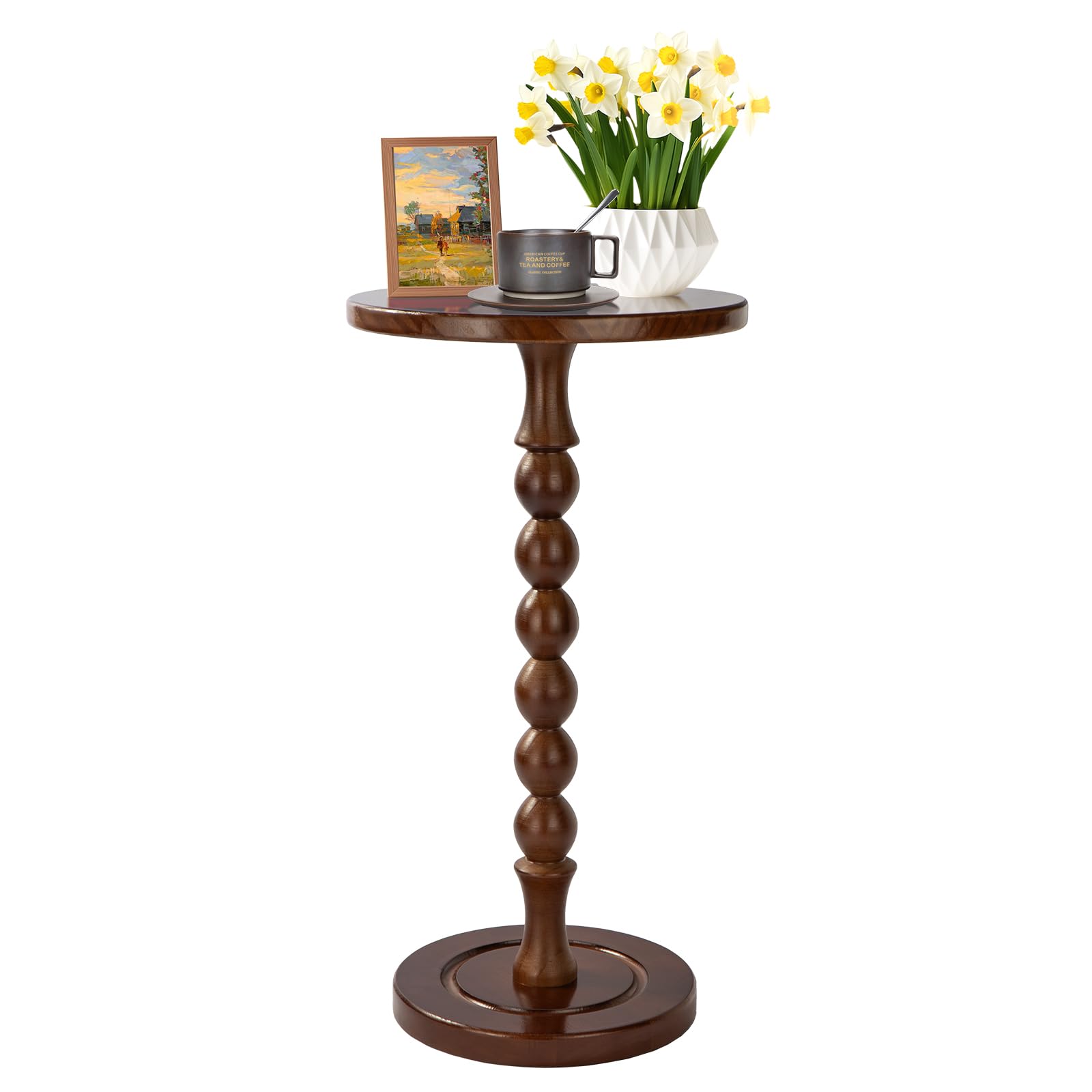Photo 1 of Lampaggio Round Side Table for Small Spaces, Drink Table with Oak Wood Pedestal, Modern End Table Nightstand for Living Room, Bedroom, Office, and Corners, Tool-Free Assembly, Brown