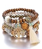 LICHUANUK Boho 4 Stück Armbänder Holzperlen Quaste, Chakra für Frauen, Natürliches Kristall heilsteine, Frauen Baum des Lebens Charm Statement Armreifen, Perle (Milky white)
