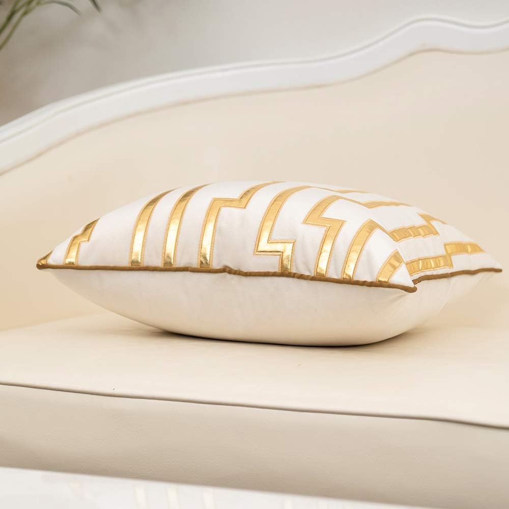 Alerfa Gold Leather Striped White Throw Pillow Cover 18x18 Inch, Geometric Luxury Decorative Embroidered Velvet Pillow Cover for Couch Living Room Bedroom - Image 3