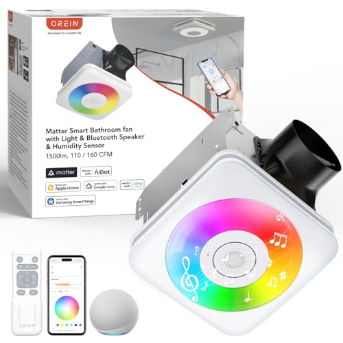 Top 10 Picks for the Best Bathroom Fan with Humidity Sensor 7 OREiN 4-in-1 Matter Smart Bathroom Exhaust Fan with Light, Bluetooth Speaker & Humidity Sensor, 110/160 CFM, 1500LM 2700K-6500K, Alexa/App/Remote Control, Required Ceiling Opening 11.39'x10.42'