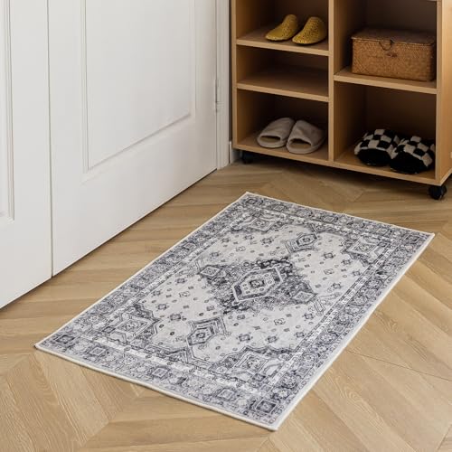 KEKUOU Washable Indoor Rug 2x3 Non-Slip Door Mat Gray/Brown