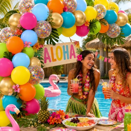 Image of Tropical Balloons, 60Pcs Summer Balloon Hot Pink Orange Teal Blue Yellow Green Gold Colorful Balloons with Rainbow Confetti Balloon for Hawaiian Aloha Luau Pool Birthday Beach Party Decorations