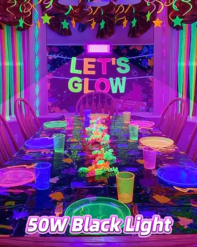 Image of THECHAM 50W LED Black Lights IP66 Waterproof Black Light Outdoor with 6ft Plug+Switch,Flood Blacklight for Halloween Glow in The Dark Party Stage Light Neon Glow Birthday 1 Pack