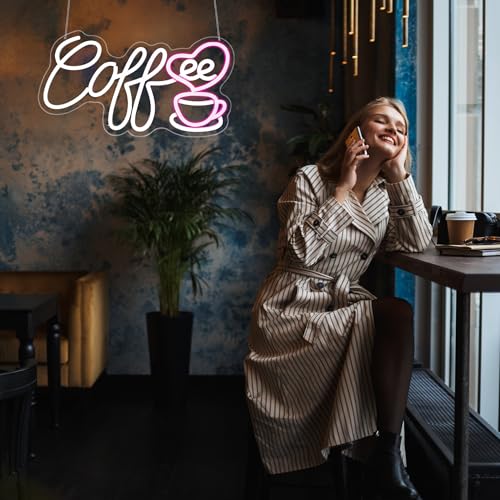Image of Neon Sign, HSJNJKFU Coffee Neon Signs for Wall Decor White LED Light Sign for Cafe Room Shop Coffee Cup Bar Signs for Wall Decor Restaurant - USB Powered