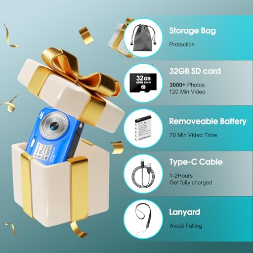 Image of 64MP 4K Underwater Digital Camera, 16FT Waterproof Compact Camera with Autofocus, 16X Zoom HD IPS Display & Fill Light, Includes 32GB Memory Card