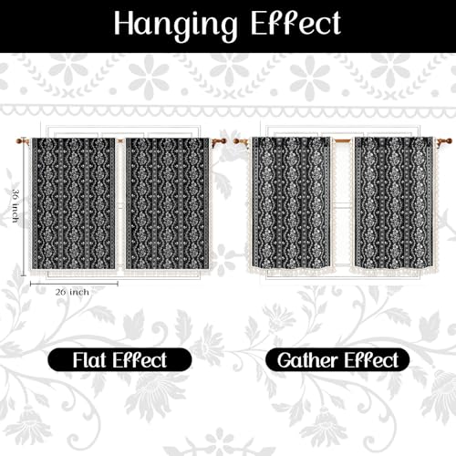 Image of Yinhua Boho Kitchen Curtains 36 Inch Length Vintage Linen Cafe Curtains Light Filtering Bohemian Floral Tier Rod Pocket Farmhouse Rustic Tassel Small Drapes with Tiebacks, 2 Panels, Black