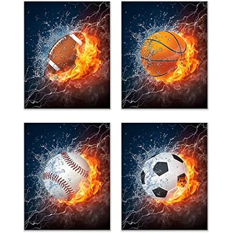 Summit Designs Flame Sports Balls Wall Art Décor – Set of 4 Unframed (11x14) Poster Photos – Basketball Baseball Soccer Football Cover