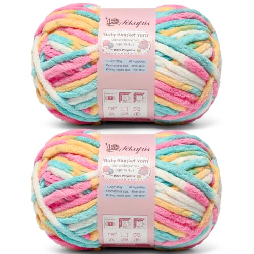 Image of 2 Pack Candy 14.1 oz /196.8 yds Chunky Chenille Yarn for Crocheting #7 Yarn Baby Blanket Yarn for Crocheting Soft Fluffy Velvet Yarn for Knitting Amigurumi Crochet Yarn for Crafts
