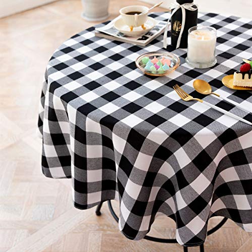 Buffalo Plaid Round Tablecloth Checkered Cotton Linen Table Cover For Kitchen Dining Room Home Decor ( Round - 48 Inch, White & Black ) #TOP5