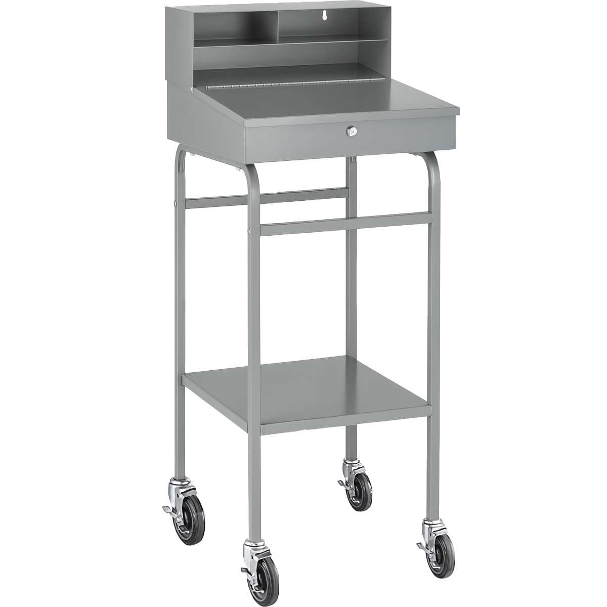Mobile Receiving Shop Desk - 24" x 23" Steel Mobile Workstation with Lockable Storage, Slanted Writing Surface, Casters, Open Bottom Shelf -