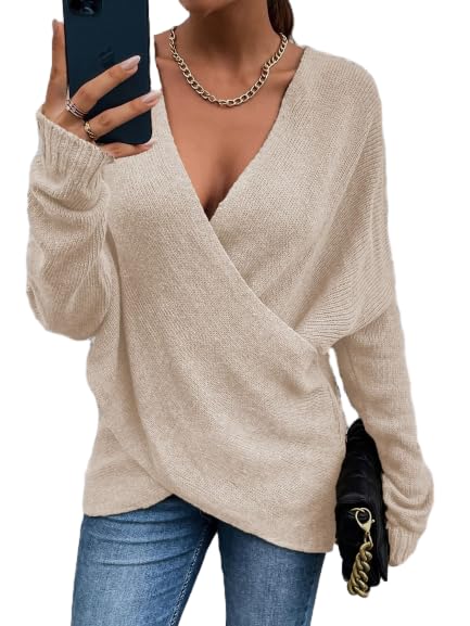 Womens Wrap V-Neck Long Sleeve Knit Sweaters Soft Cozy Pullover Tops Elegant Casual Ribbed Knitwear for Daily Outfits