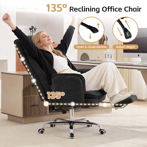 Image of HUBSON Big and Tall Office Chair, Footrest & Flip Armrest for Pets, Black | Executive Ergonomic Criss Cross Chair, Reclining High Back Desk Chair, Chenille Swivel Computer Chair with Lumber Pillow