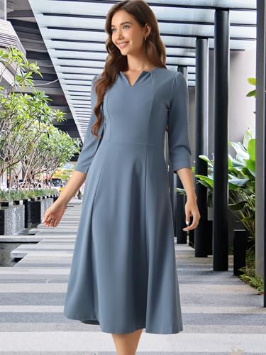 Image of Allegra K Womens 3 /4 Sleeve A-Line Business Work Formal Midi Dress | Elegant Dresses with Pockets, V Neck, Cockatail Party Church Funeral Outfits, Spring Fall Winter