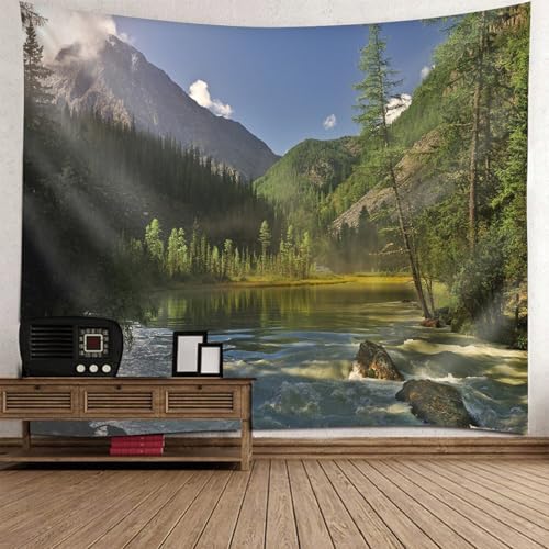 Tapisserie murale paysage montagnes rivière tenture tissu géante 300x256