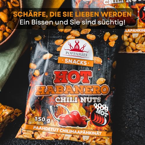 Poppamies Hot Habanero Chili-Nüsse – Scharfe Erdnüsse sind eine tolle Wahl zum Knabbern – Glutenfrei, Laktosefrei, Vegan – Scharfe Schärfe – 150g