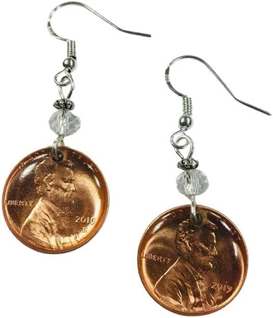 Lucky Penny Earrings, sealed in resin, with Clear Faceted Crystal Accent Beads on Sterling Silver Earwires, USA Coin Jewelry, New Shiny Pennies (years will vary)