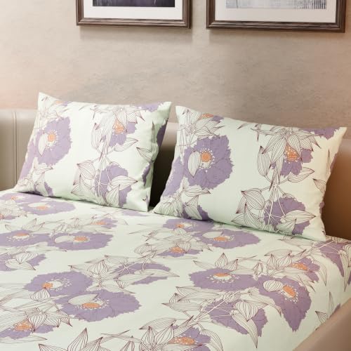 Image of BLISSHOME SoftTouch 140TC Cotton King Size Fitted Bedsheet with 2 Pillow Covers, Silky Smooth Bedding Set, Breathable, Easy Maintain, Floral Print - White, Pink (182cm x 198cm x 25cm Drop)