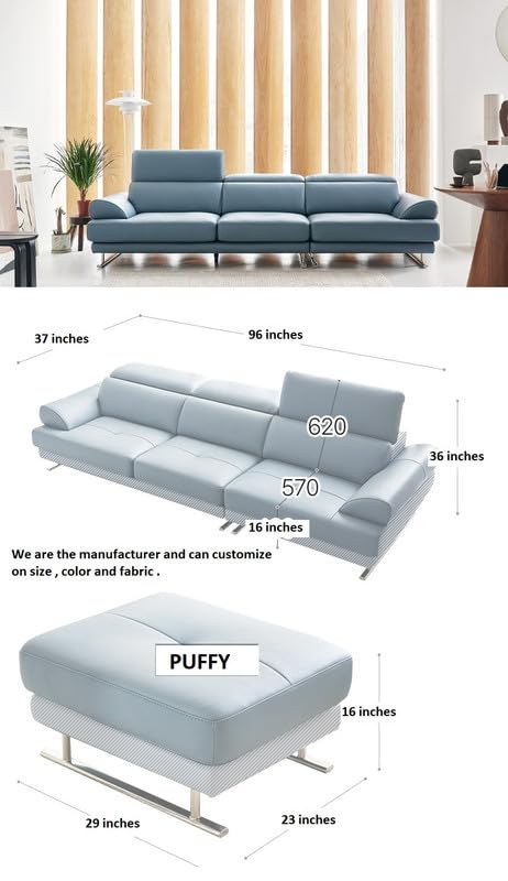 Image of Fabrique Meraki Leatherette 4 Seater with Puffy Moden Design Blue Sofa Set with Moveable Headrest | Comfortable Furniture for Home Office & Living Room | Easy to Move with Stainless Steel Legs