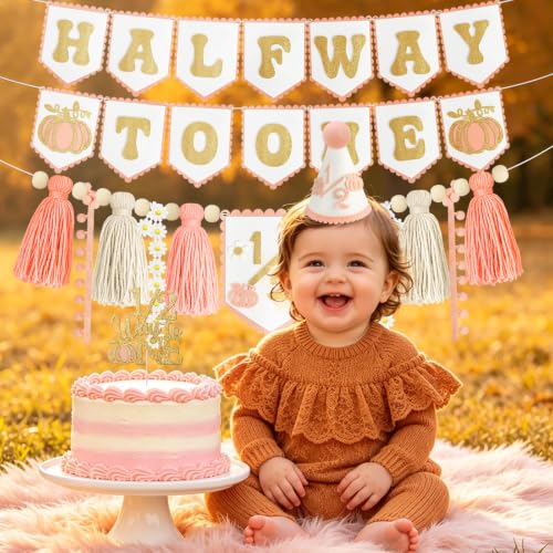 Image of 1 /2 Birthday Girl Half Birthday Decorations-Pink Pumpkin Half Way to One | 6 Months Birthday Decorations; High Chair Banner Boy;Wooden Cake Topper; Half Birthday Hat; Thanksgiving Day Decorations