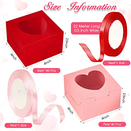 80 Pieces Valentines Cupcake Boxes Valentine's Day Bakery Treat Boxes With Heart Pvc Window Pink And Red Individual Cookie Boxes Candy Boxes For Gift Giving Valentines Cookie Boxes, 4 X 4 X 2.5 Inch #TOP1