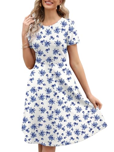 Women's Elegant Knee Length Dresses Vintage 50s Office Casual Floral Print Work Party A-Line Swing Dress with Pockets 162