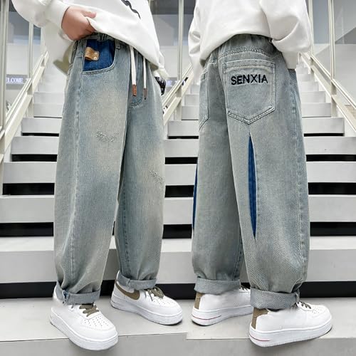 Kids Boys Streetwear Wide Leg Jeans Baggy Straight Elastic Waist Washed Denim Pants Cool Loose Trousers for Youth Boys3