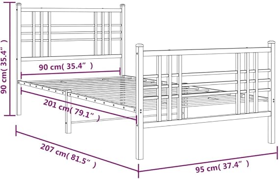 Steel Bed Frame with Headboard and Footboard, White 90x200cm, Metal Slatted Base for Mattress Support and Under-Bed Storage